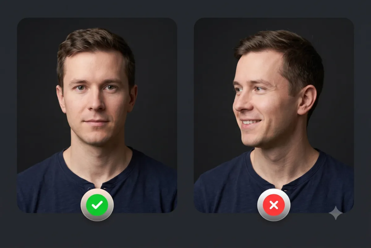 Accepted: facing the camera with a neutral expression. Rejected: head turned and smiling.